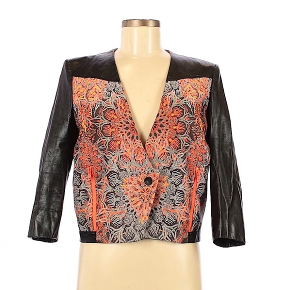 Helmut Lang Leather Jacket 6 Coat Small Black crop Orange Tiger Medallion - Picture 6 of 13